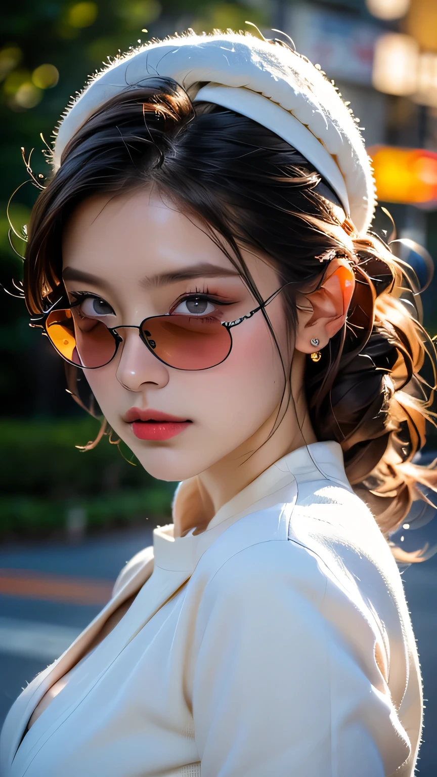 最high quality, masterpiece, High Resolution, One Girl, China dress, hat, necklace, jewelry, Beautiful Face, On top of that_body, Tyndall effect, Realistic, Dark studio, Rim Light, Two-tone lighting, (High resolutionスキン: 1.2), 8K Ultra HD, Digital SLR, Soft lighting, high quality, Volumetric lighting, Frank, photograph, High resolution, 4K, 8K, Bokeh, (Dynamic pose)、 masterpiece, 最high quality, high quality, High resolution、(Upper body portrait)、(A simple white beret)、(Wearing light blue sunglasses)、Incredibly large breasts、