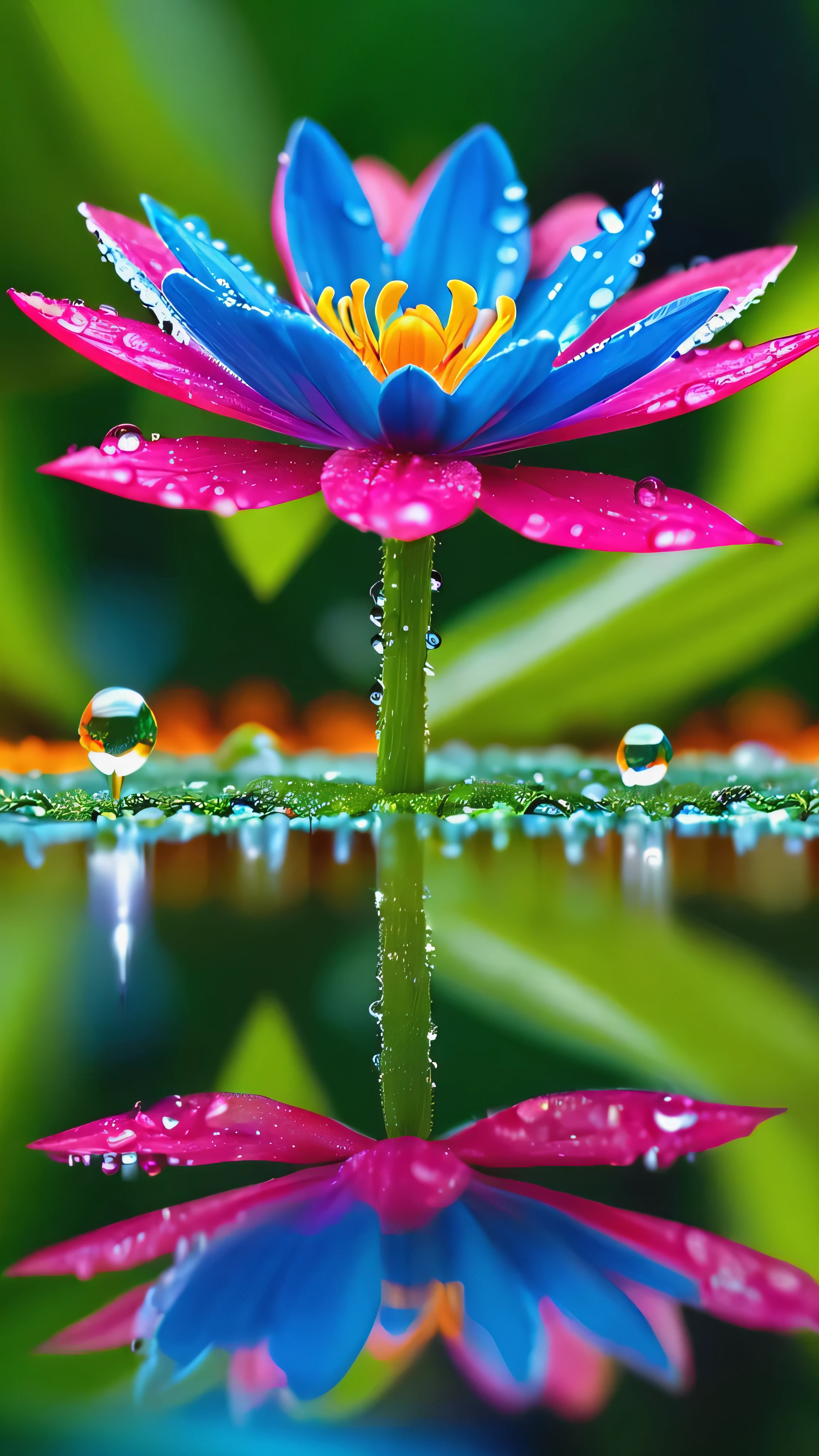 Imagine a vivid close-up, Unusual flowers, The petals spread out in vibrant colors like a kaleidoscope. Dewdrops on the surface reflect the surrounding environment, Make something small, The world reflected in each drop of water. The flowers stand out against a lush, blurry background, Tropical Garden. The scene is brought to life in a vibrant and dynamic digital art style., Inspired by the artistic vision of Luca Martel.