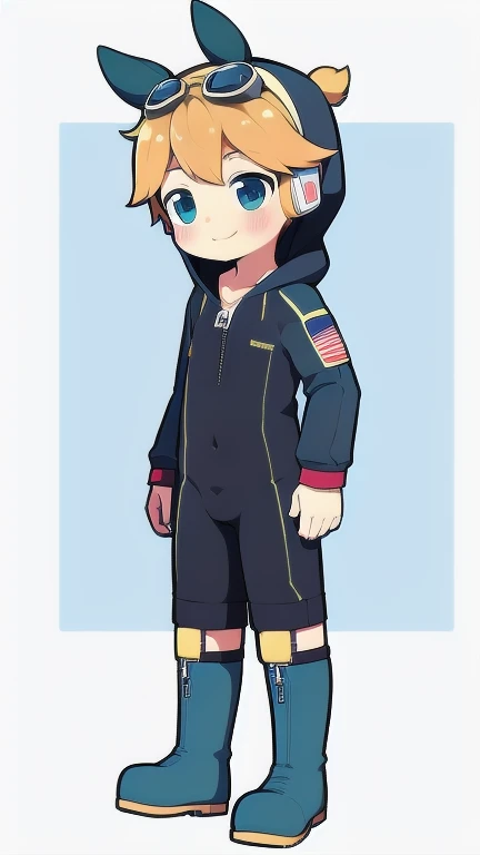 2D Boy Shota,One-piece mountaineering suit,Slim, healthy body,Put the headphones on your head,stand up,goggles,Rabbit ears,happy,Sailor collar,tie,Zipper pulled down,boots,hood,shy