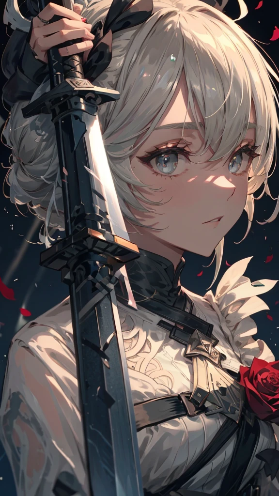 Close-up of a person holding a sword and a rose, From Arknights, A wicked Valentine's, Automated Kidney, White and red armor, Shadowverse Style, trending on artstation Pixiv, Kschaert Krentz Key Art Feminine, 8k high quality detailed art, Pixiv 3dcg, Pixiv, Gothic Maiden Anime Girl