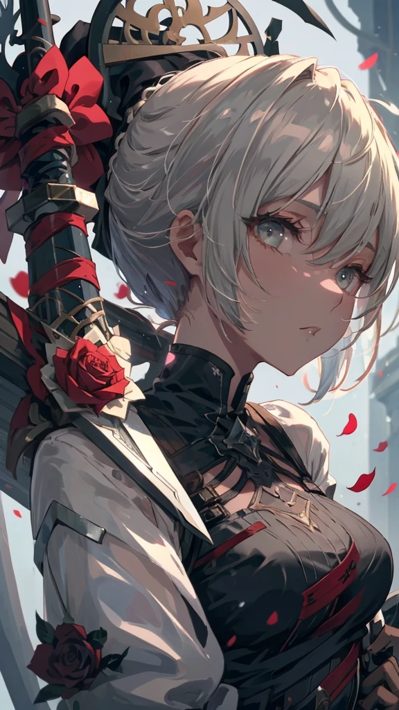 Close-up of a person holding a sword and a rose, From Arknights, A wicked Valentine's, Automated Kidney, White and red armor, Shadowverse Style, trending on artstation Pixiv, Kschaert Krentz Key Art Feminine, 8k high quality detailed art, Pixiv 3dcg, Pixiv, Gothic Maiden Anime Girl