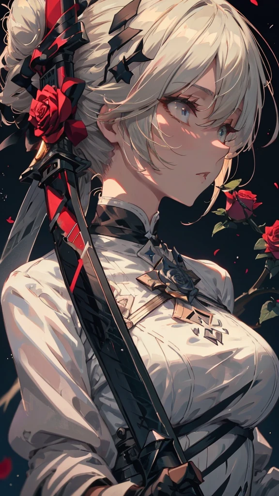 Close-up of a person holding a sword and a rose, From Arknights, A wicked Valentine&#39;s, Automated Kidney, White and red armor, Shadowverse Style, trending on artstation Pixiv, Kschaert Krentz Key Art Feminine, 8k high quality detailed art, Pixiv 3dcg, Pixiv, Gothic Maiden Anime Girl

