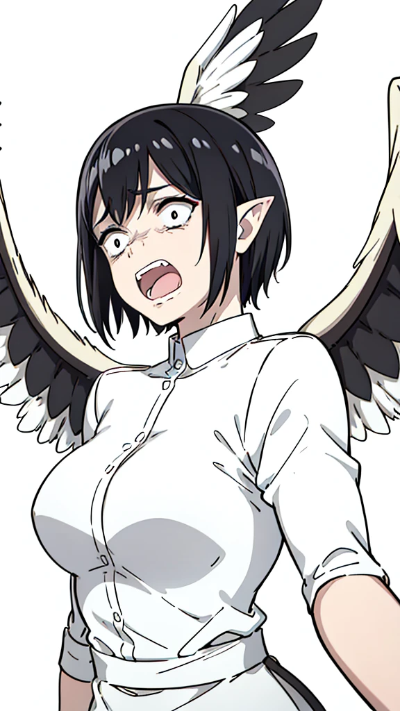 1woman,30s,mature female,milf,screaming,wild,short hair,black hair,pointy ears,harpy,wings,no arms,(white background,line drawing),upper body,scared expression,open mouth,clenched teeth,rural outfit