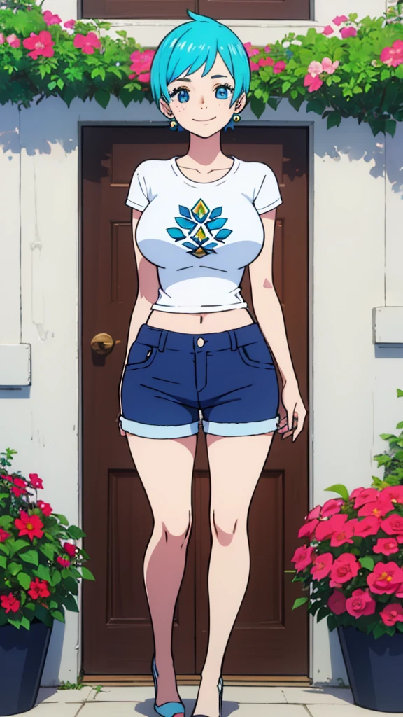 Girl, blue hair, blue eyes, short hair, flowers earrings, freckles, big boobs ,white t shirt, mini shorts, white high heels, thicc, standing smiling.