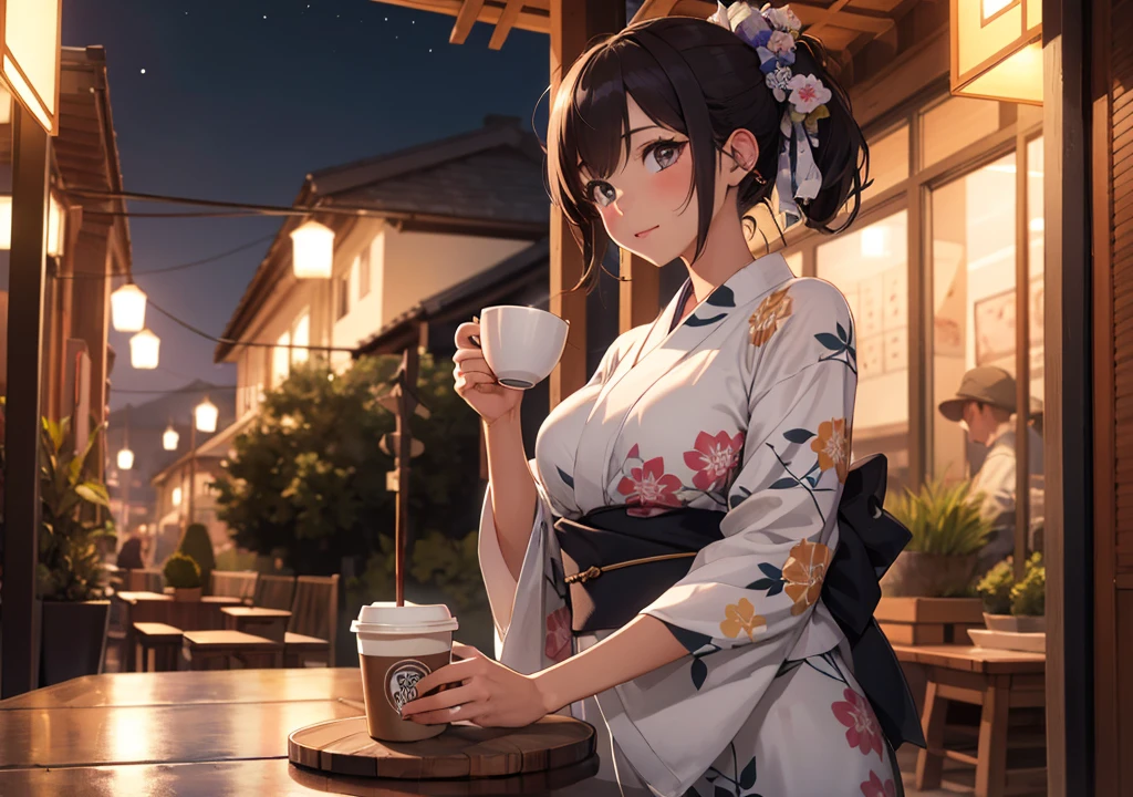 ((Highest quality)), ((masterpiece)), (detailed), One girl, yukata, Drink coffee, night,indoor, Perfect Fingers, Large Breasts