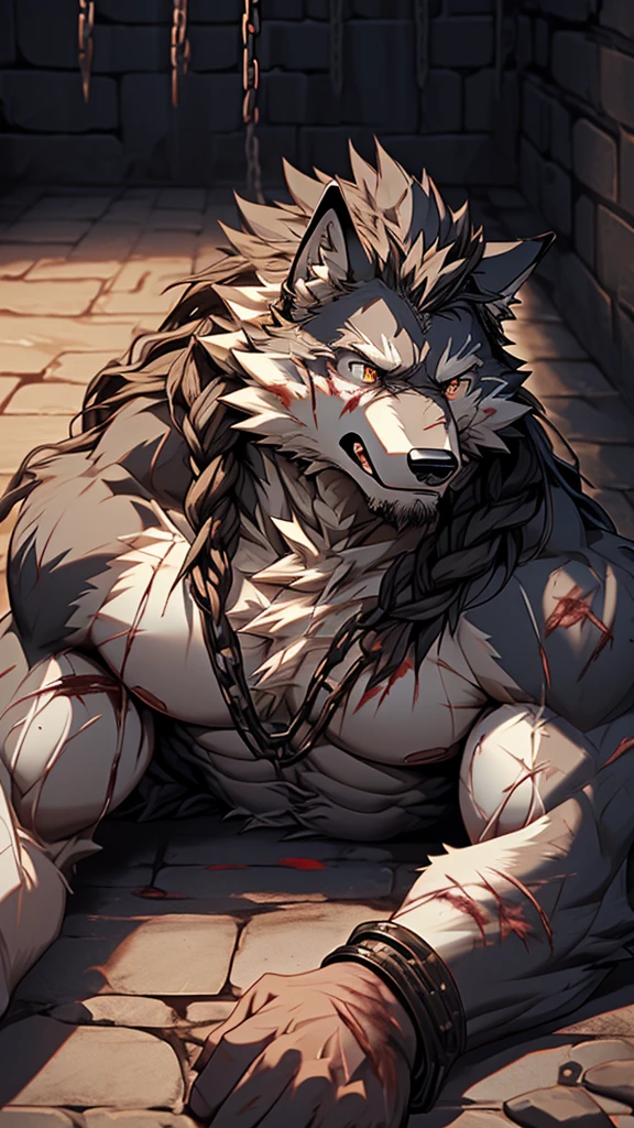 (best quality), (photorealistic:1.2), (masterpiece:1.3), (realistic detail:1.2), highest quality, ultra detailed, 8k, RAW photo, (mature male wolf:1.3), (extreme detail:1.3), (gray fur:1.2), facial hair, long hair, white braided hair, (blood:1,6),(elderly:1.2), (emaciated:1.3), nude, (muscular:0.9), (battered body:1.4), bleeding, (heavily scarred:1.4), shackled, (chained:1.4), (dungeon:1.3), (torture:1.3), (extreme pain:1.5), (semiconscious:1.3), (lying on ground:1.3), (weak:1.4), (suffering:1.5), (dim lighting:1.2)