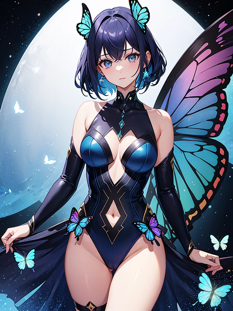 Woman with dark blue hair, butterfly wings, galaxy rainbow, leotard