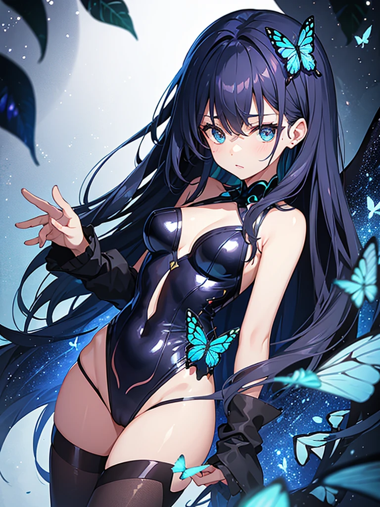 Woman with dark blue hair, butterfly wings, galaxy rainbow, leotard