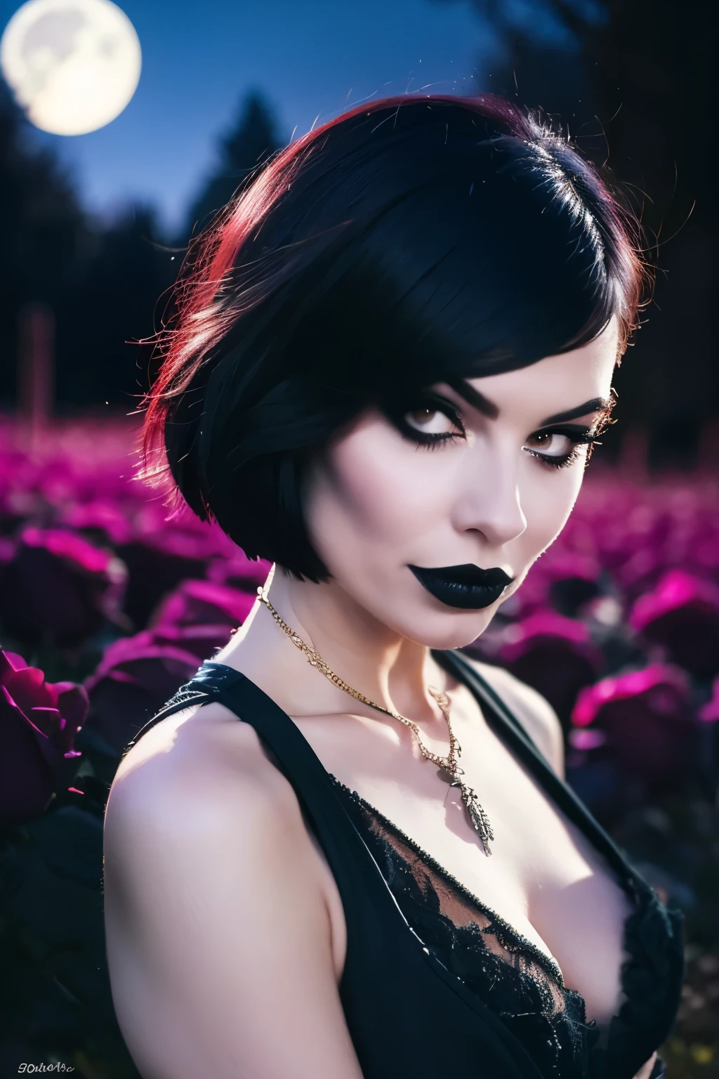 Generate a hyper-realistic image that employs the shallow depth of field technique, Head and sholders portrait to highlight a pretty goth girl wearing a gothic dress, ((cut hair with fringe)), at ((night in a creepy cemitery)) setting, (((under the moonlight))). The girl should be the focal point, with crisp clarity, while the background of the forest should be gently blurred to create a bokeh effect. (((black roses In the foreground))) should be visible but blurred, adding depth to the composition.", adding depth to the composition. Sony Alpha A7R III, macros lens , f/5.6. ((Cinematic purple Lighting)) .