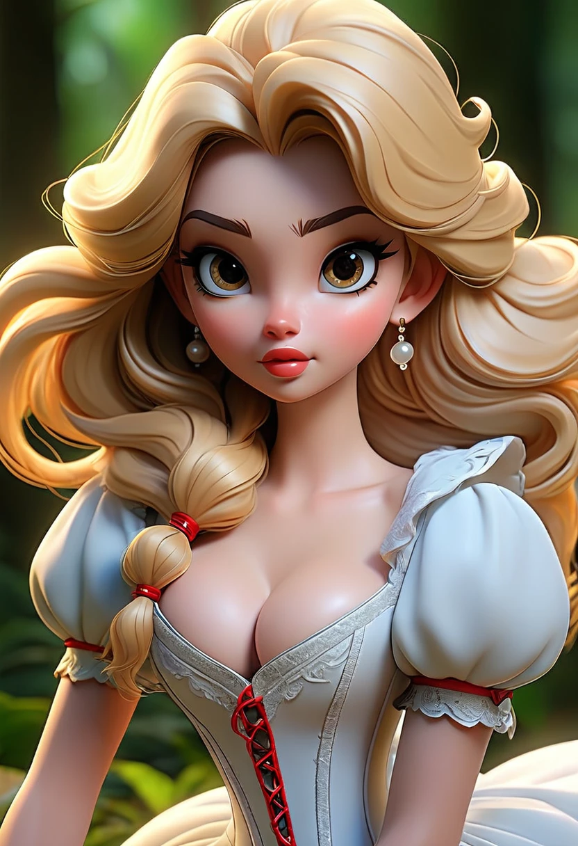 the overall theme and style should feel like. ahybrid of fairytale and Science Fiction. extremely beautiful model, 20 years old female, long Golden-yellow hair, hair that has a mettalic glimmer and sheen. realistic, perky breasts, cleavage,, oppulentform fitting hooped skirt, red corset, large tiara. Wide Smile, Eyes Detailed & Wide, Dynamic Pose. Ultra HD, Rococo-Inspired Fantasy Art With Intricate Details. Cute, Charming Expression, Alluring-Gaze, looking at viewer Beautiful Eyes, An-Ideal-Figure. Large Youthful Well-Shaped-Breasts, Attractive ass showcased. Massive-Round-Bosom, Décolletage. slim waist, fit body, full lipsWarm lights , woman in a dreamy forest at night, with fluffy hair, delicate face, realistic, real, slim, large aperture, sexy shots, attractive poses,Stunnin gly beautiful merge of Scarlett Johanson. Alison Brie, Selena Gomez. symmetrical face, photorealistic, photography, path tracing, specular lighting, volumetric face light, path traced hairmaximum quality{(masutepiece) (8K High Resolution) (top-quality)