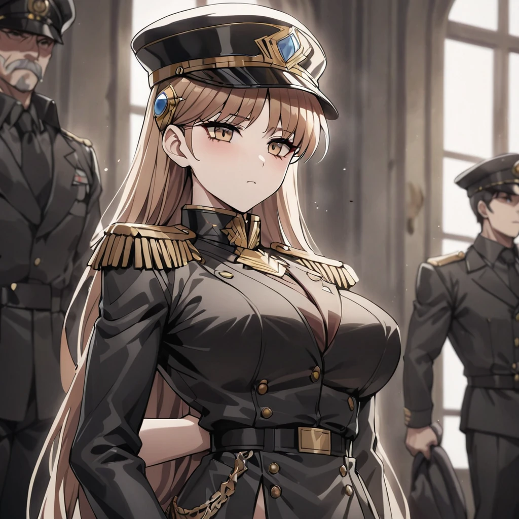 ((Highest quality)), ((masterpiece)), (detailed), (Perfect Face)、The woman is Princess Leona, with medium-long light brown hair, wearing a y black military uniform and cap, and is in a luxurious room being held by a strong, dignified, and powerful old man, a villainous old general, who treats her as his misomen are brainwashed, expressionless, and have no highlights in their eyes.