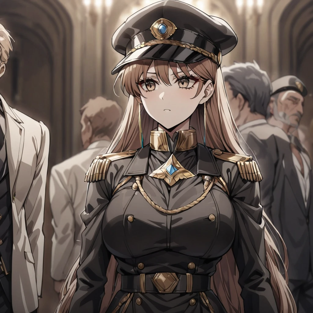 ((Highest quality)), ((masterpiece)), (detailed), （Perfect Face）、The woman is Princess Leona, with medium-long light brown hair, wearing a sexy black military uniform and cap for women, and is being held in the arms of a rugged, powerful, and dignified old general in a luxurious room.、Women are brainwashed, expressionless, and have no highlights in their eyes.