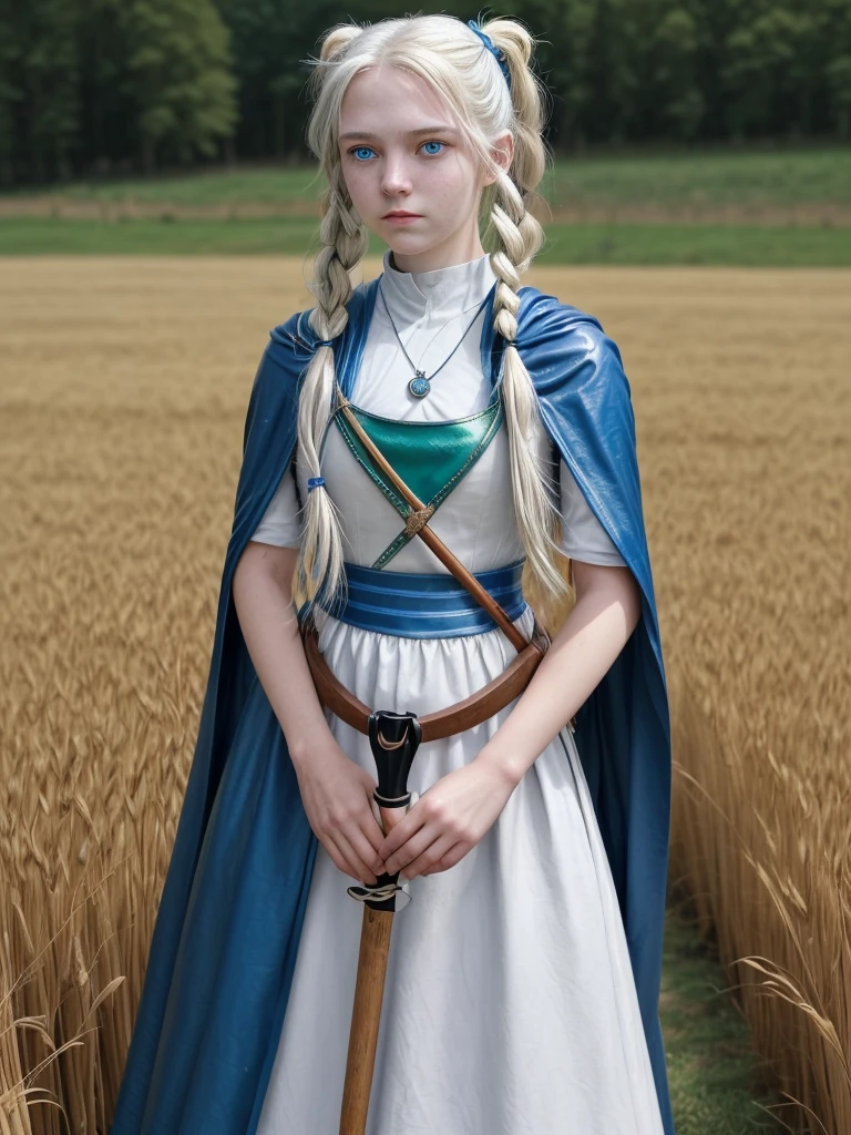 A -yeld giwith long, flowing white hair tied in pigtails, and striking blue eyes. She is dressed in traditional medieval archer attire, including a leather tunic and a green cloak. She wears arm guards and carries a quiver full of arrows on her back. Her outfit is complemented by a necklace with a yin-yang pendant. She is standing in a field of tall, golden wheat.