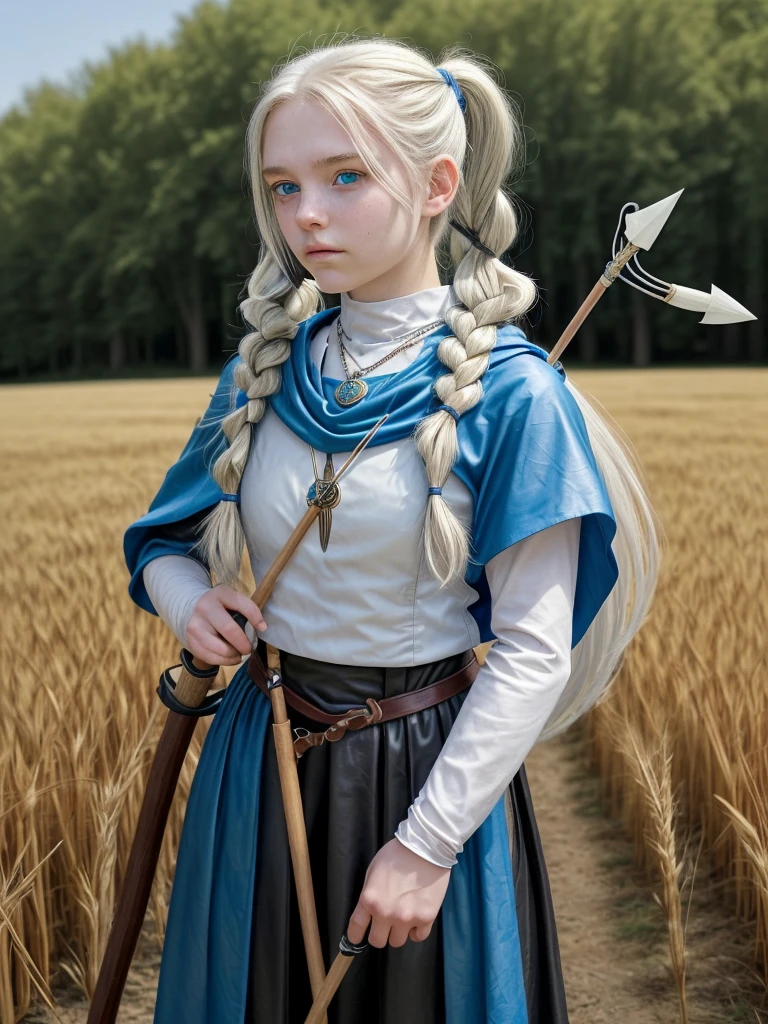 A with long, flowing white hair tied in pigtails, and striking blue eyes. She is dressed in traditional medieval archer attire, including a leather tunic and a green cloak. She wears arm guards and carries a quiver full of arrows on her back. Her outfit is complemented by a necklace with a yin-yang pendant. She is standing in a field of tall, golden wheat.