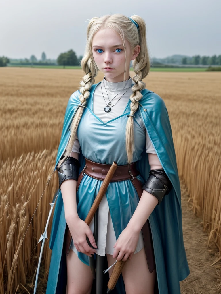 A with long, flowing white hair tied in pigtails, and striking blue eyes. She is dressed in traditional medieval archer attire, including a leather tunic and a green cloak. She wears arm guards and carries a quiver full of arrows on her back. Her outfit is complemented by a necklace with a yin-yang pendant. She is standing in a field of tall, golden wheat.