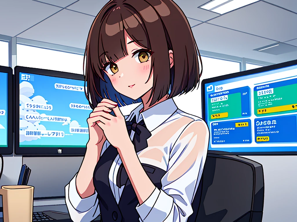 news station, faceless office lady, brown hair, bob cut, upper body. small wipe of park, detailed news program, [pixel art]