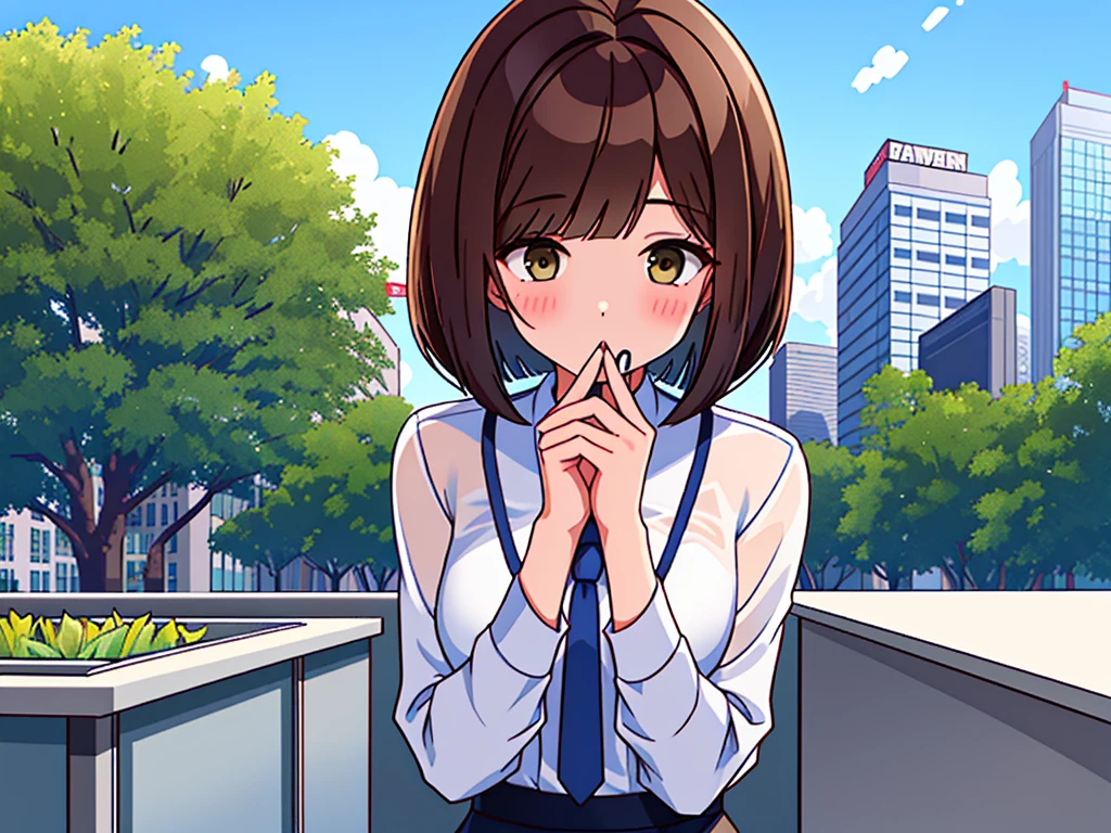 news station, faceless office lady, brown hair, bob cut, upper body. small wipe of park, detailed news program, [pixel art]