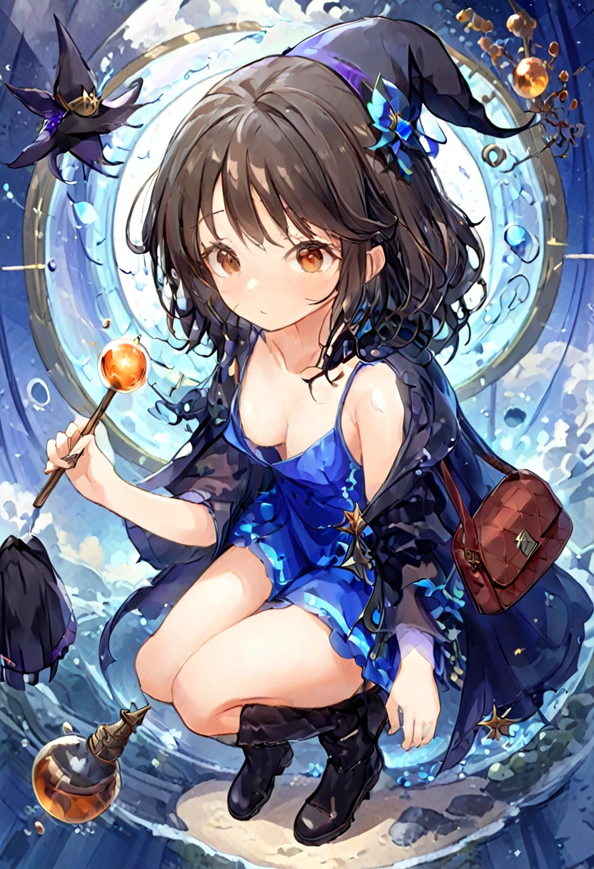 A beautiful witch in the style of Studio Ghibli, 1.55 tall, 16 years old, medium-length black hair, light brown eyes, fair skin, wearing a knee-length transparent blue dress, black stockings and dark brown boots, a black and cinnamon cloak, a light brown handbag and a magic wand made of coral lizard. 8k image, ((highest quality)),(ultra high resolution),(Super detailed),(detailed description),((best GC)),(best artwork),super art precision,great drawing- art(Fantasy art with precise details:1.5),(witch:1.6),(and pretty cute shaped face:a 1.5),(Magic circle floating:1.6),dynamic pose:1.5,boots:1.3, magic circle, final fantasy XV style, 4K, super sexy, without panties