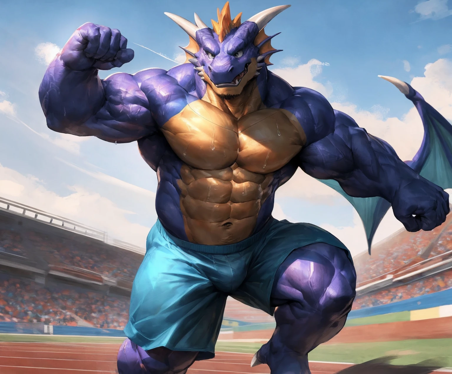 human nature, cannon, male, solitary, ((the strong,Handsome)), (dragon), Chibo,Six-pack abs,(Athletics,Track),run,Blue shorts,Sweat:1.3,high quality, (4K,high quality, high resolution, masterpiece), cartoon,by lindong