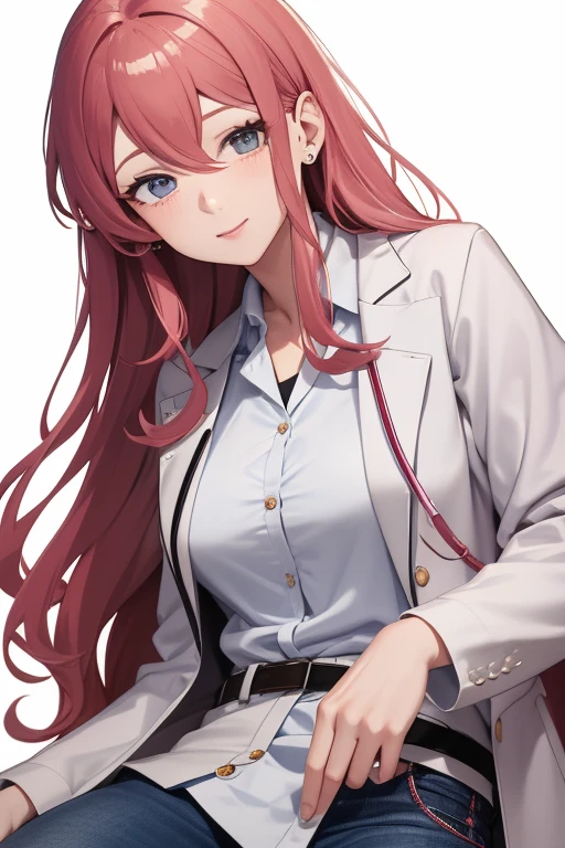 bonibel scientist Beautiful 50-year-old woman with long, wavy red hair with pink highlights, pierced ears, honey-colored eyes, open white doctor's coat, blue jeans, white shirt with candy print, black belt, looking directly at the viewer. a white background.