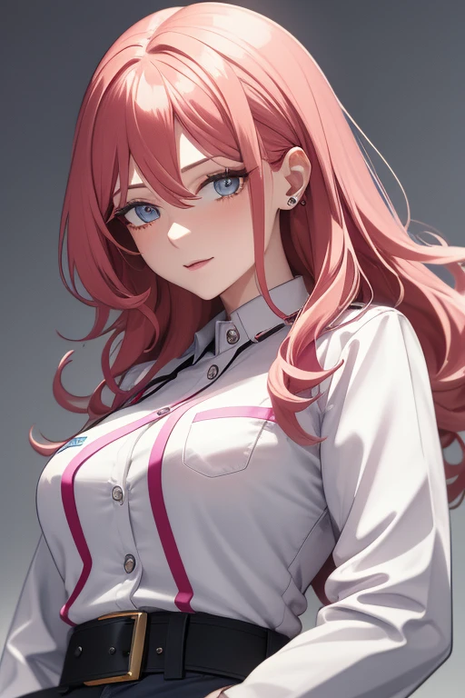 bonibel scientist Beautiful 50-year-old woman with long, wavy red hair with pink highlights, pierced ears, honey-colored eyes, open white doctor's coat, blue jeans, white shirt with candy print, black belt, looking directly at the viewer. a white background.