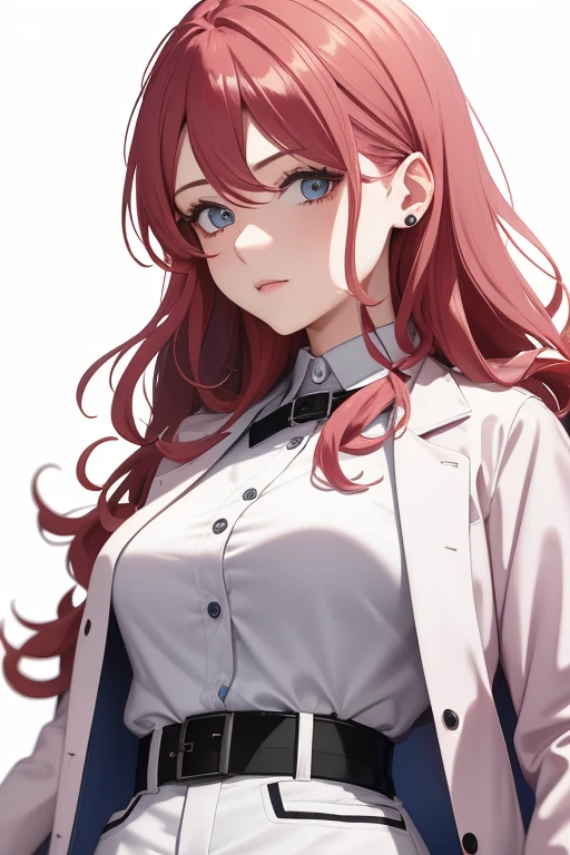 bonibel scientist Beautiful 50-year-old woman with long, wavy red hair with pink highlights, pierced ears, honey-colored eyes, open white doctor's coat, blue jeans, white shirt with candy print, black belt, looking directly at the viewer. a white background.