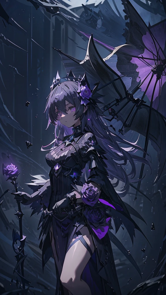 Anime girl in a purple dress holding a purple rose and a black and white umbrella, Shadowverse Style, Stylish Dark Witch, dark witch character, Gothic Maiden Anime Girl, Dark Sorceress Full View, Dark magician full body pose, Astral Witch Outfit, mechanized witch girl, From Bravely Default II, marisa kirisame, From Girls Frontline