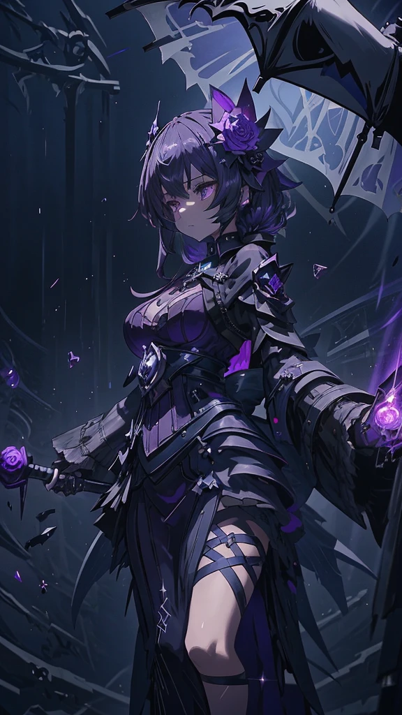 Anime girl in a purple dress holding a purple rose and a black and white umbrella, Shadowverse Style, Stylish Dark Witch, dark witch character, Gothic Maiden Anime Girl, Dark Sorceress Full View, Dark magician full body pose, Astral Witch Outfit, mechanized witch girl, From Bravely Default II, marisa kirisame, From Girls Frontline
