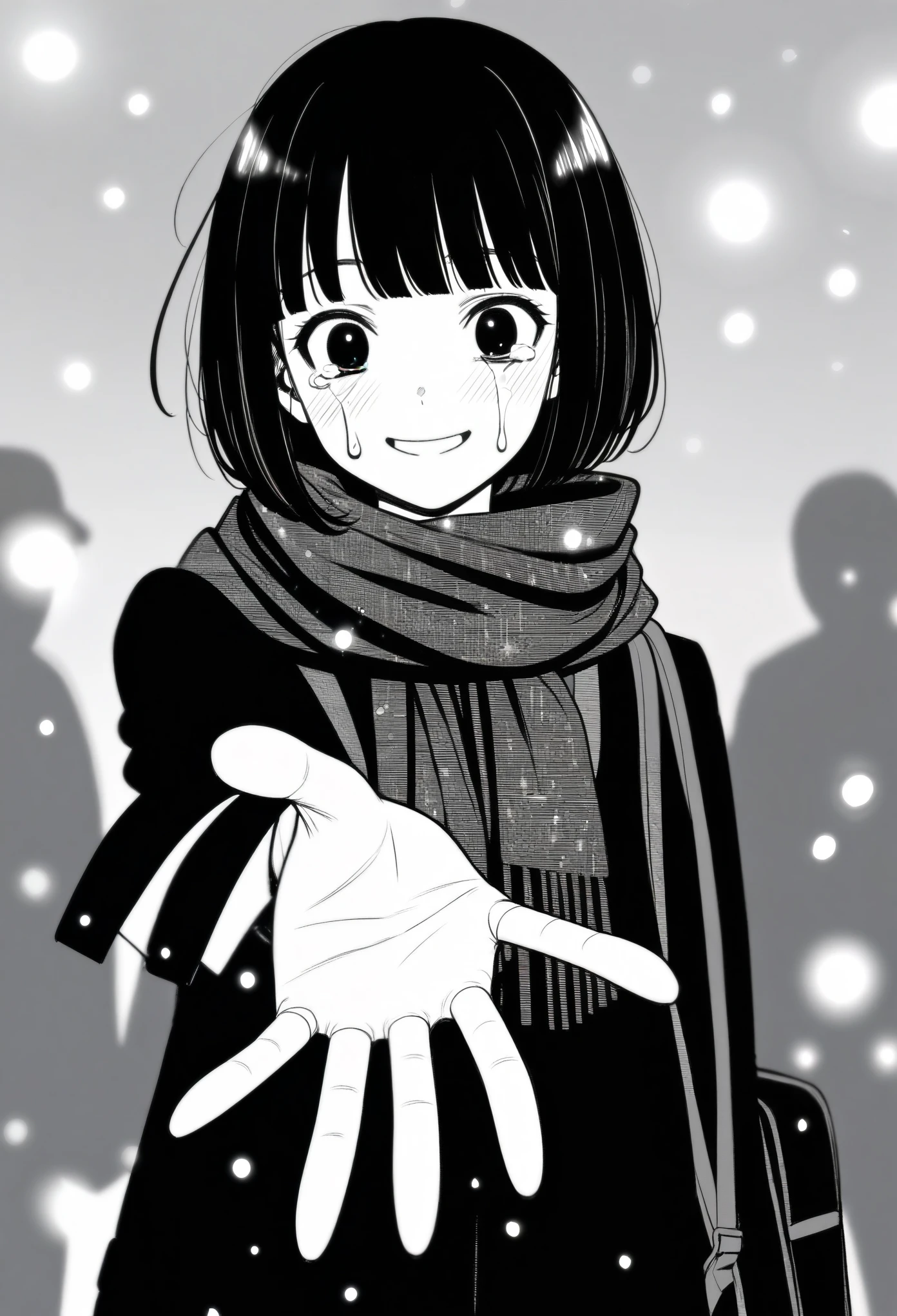 masterpiece, best quality, 1girl, mamerakkkkko, grayscale, manga style, japanese, chi no wadachi, black eyes, street, iced, black hair, schoolbag, smile, lineart, black coat, black scarf, black pleated skirt, leggins, centered, 18 years old, tall, fair skinned, bokeh background, crying, tears, tears streaming, bob cut, light particles, centered, snowing, (((reaching out a hand to viewer)))