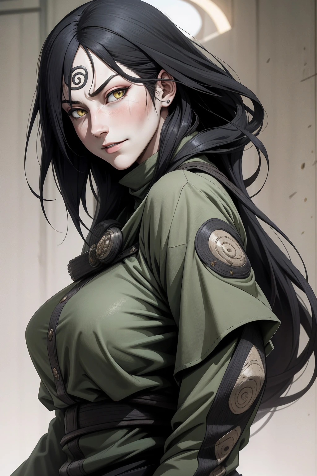 {-erro_de_anatomia:1.0} estilo anime, Masterpiece, absurdities, Orochimaru\(Naruto\), 1girl Solo, Mature woman, Oversized shirt with broad shoulders, Perfect composition, Detailed lips, large breasts, Beautiful face, body proportion, Blush, Long black hair, ( black hair), yellow eyes, (sexy), Soft gauze, Super realistic, Detailed, photo shoot, Realistic faces and bodies, masterpiece, best quality, best illustration, hyper detailed, 1 girl, solo, glamorous, blushing, upper body, backwards, looking back, dimanic poses