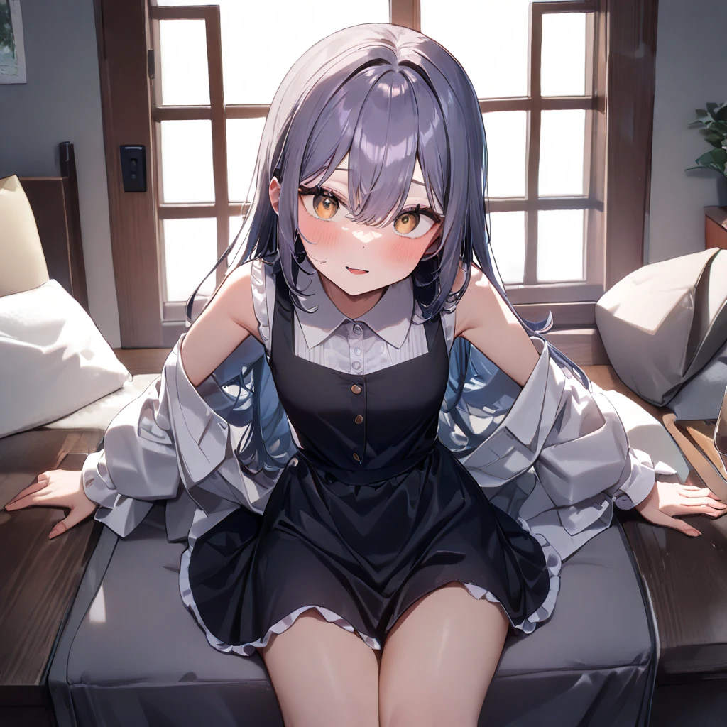 nsfw,1girl,pale hair,Crevice,Cleavage,pallid,pale colors,pale eyes,masterpiece,best quality,very aesthetic,absurdres,blue eyes,nightgown,Legs apart,(Navy blue panties),(lift),(knees up),(against_wall)