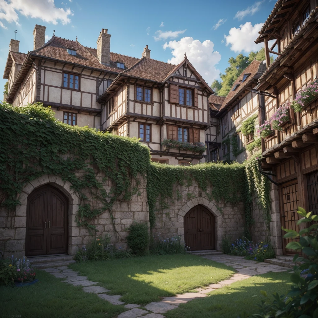 4k, realistic, very detailed, wide angle lens, moist medieval town, vibrant, fantastical plants, a big house, Makoto Shinkai style, anime background, concept art, (no characters appearing), realistic lighting, epic composition, diffuse, (masterpiece, best quality), super hd, 32k --v 6 Asuka redhead hair