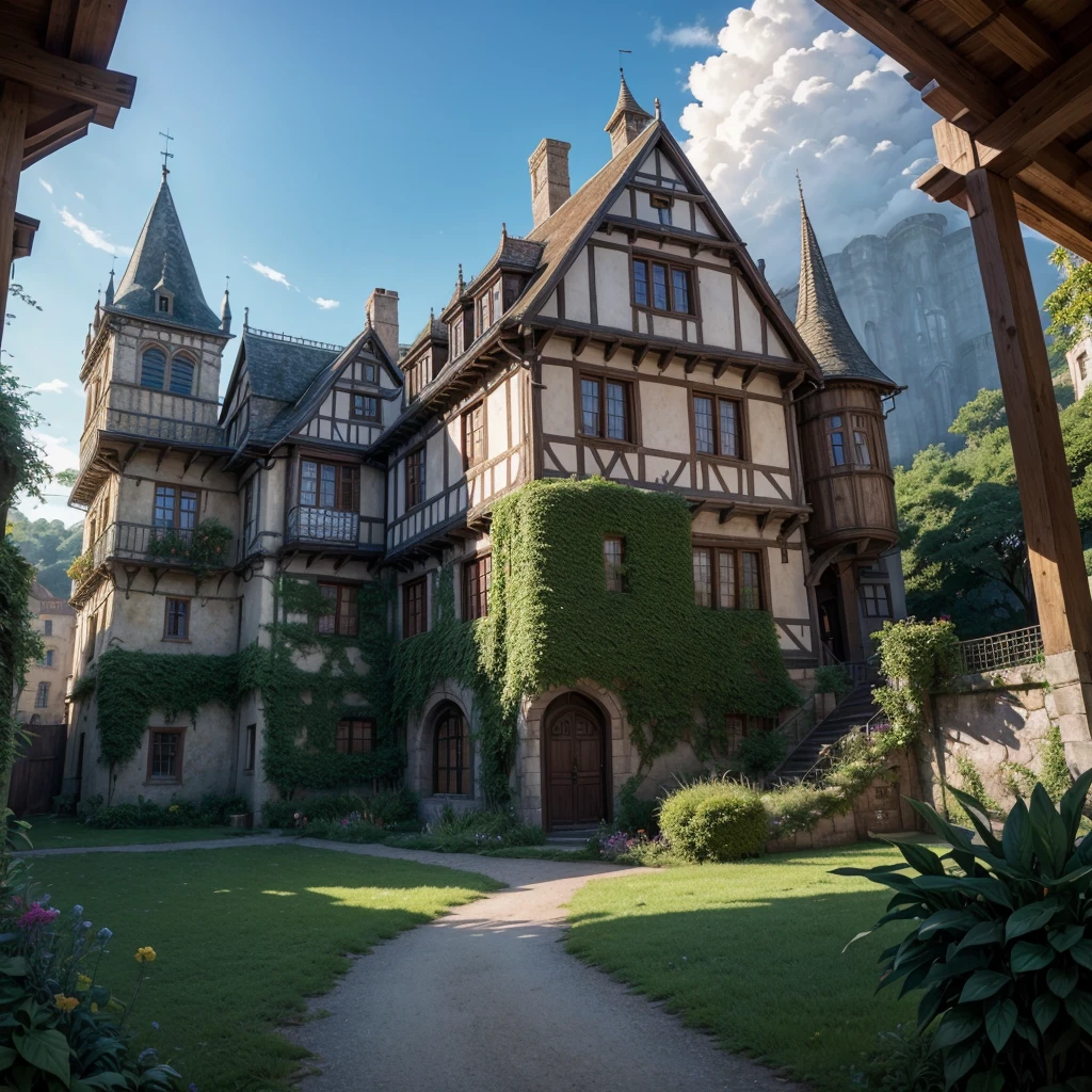 4k, realistic, very detailed, wide angle lens, moist medieval town, vibrant, fantastical plants, a big house, Makoto Shinkai style, anime background, concept art, (no characters appearing), realistic lighting, epic composition, diffuse, (masterpiece, best quality), super hd, 32k --v 6 Asuka redhead hair