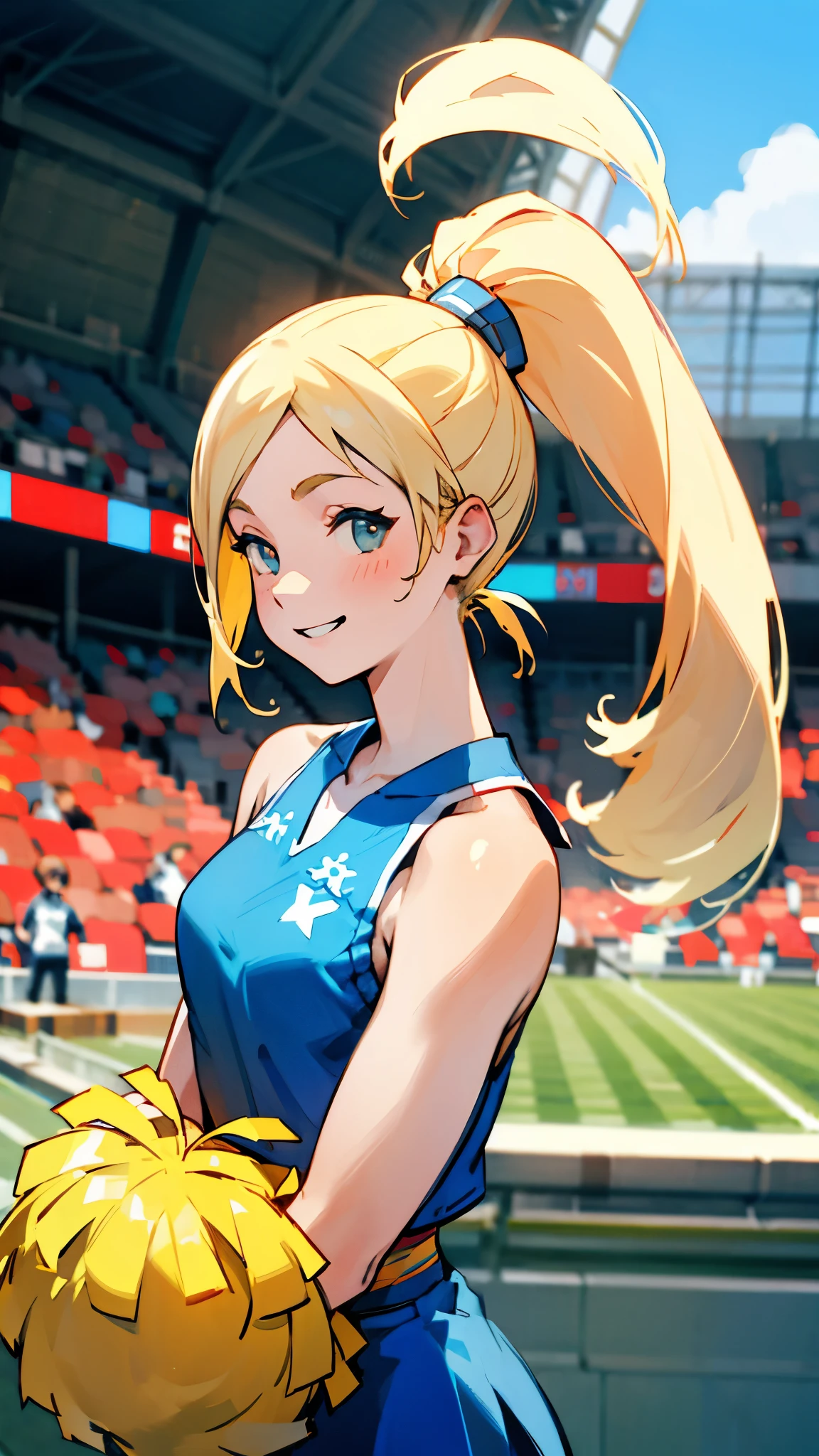 Stadium、Upper Body、Cheerleader、Blonde、ponytail、smile、high resolution。