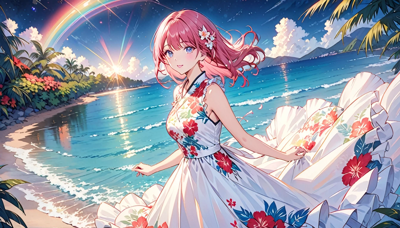 ``A beautiful woman with long pink hair and beautiful eyes wearing an elegant and detailed hawaiian dress.The dress must have intricate designs and patterns to give it a luxurious and luxurious feel.In the background , the image should depict a romantic Hawaiian beach at night with light reflecting off the water and an illuminated bridge across the scene, emphasizing the sparkling effects and rainbows throughout the image. Enhance your look and add special ruffles to your dress to make it stand out.”