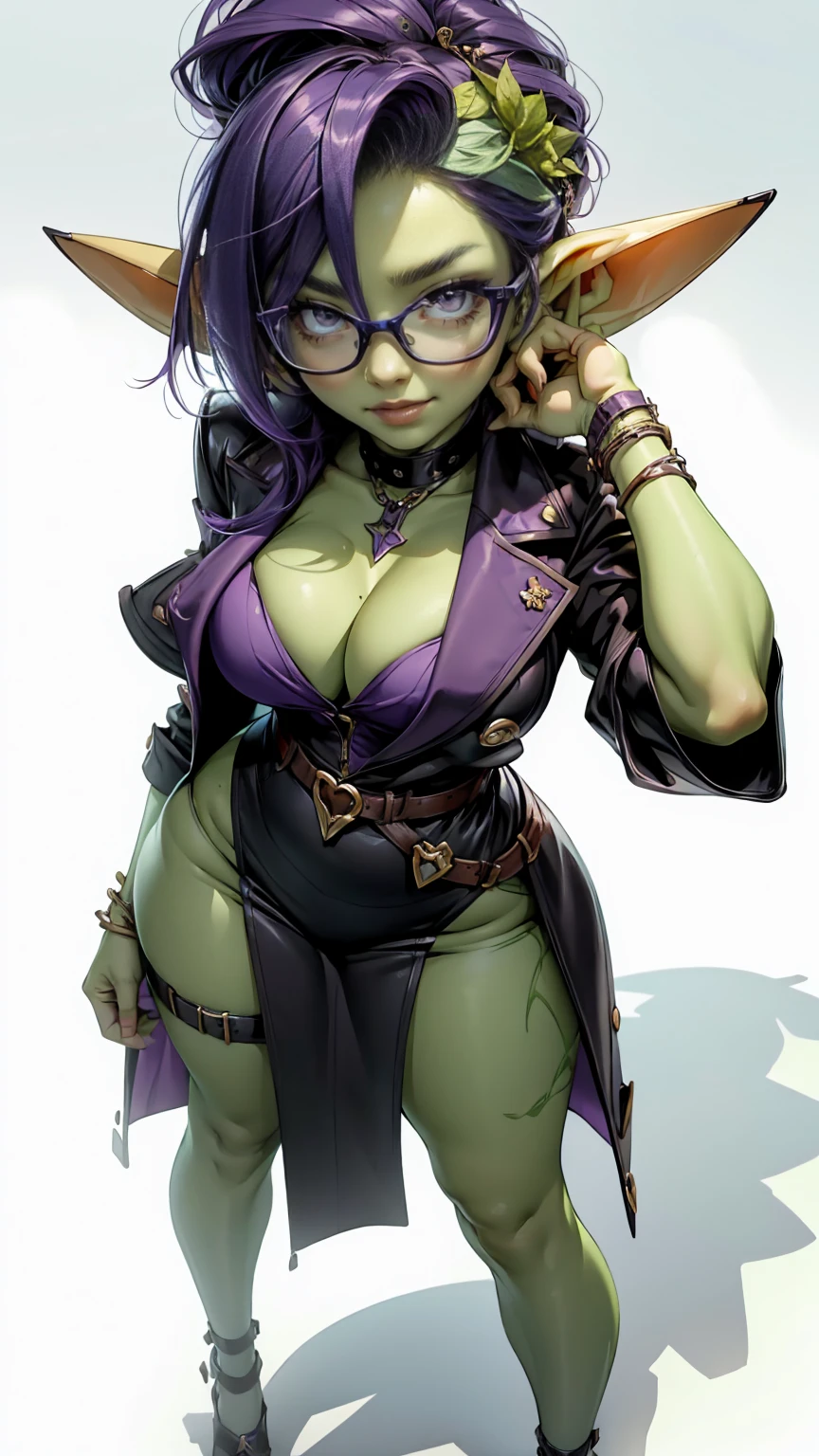 ((best quality)), ((masterpiece)), (detailed), goblin girl, (green skin), purple hair, glasses, cleavage, sexy, romantic lighting, full body, standing in front of a white background, posing for picture, simple background, front pov, low pov, posing for portrait, posing for full body picture, smiling, standing straight and tall, wearing purple shoes, sexy, sassy, thin, fashionable