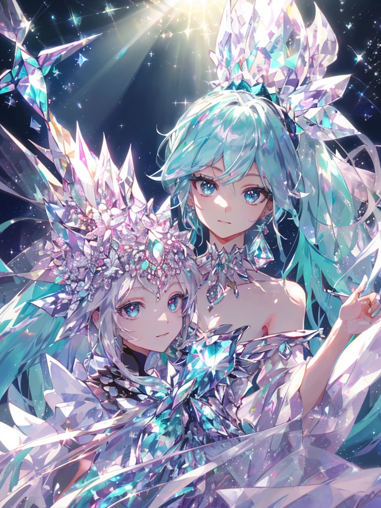 masterpiece, highest quality, figure, alexandrite eyes and hair, platinum earrings, Platinum Necklace, white dress, The Little Mermaid, cute, (dynamic lighting:1.2), cinematic lighting, delicate features, fine eyes, sharp pupils, realistic student, Depth of bounds written, Bokeh, sharp focus, (very detailed, bloom, shine:1.4), Many Small Gems, hatsune miku, showing the tongue