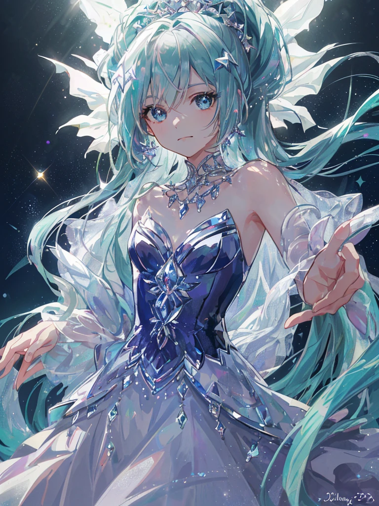 masterpiece, highest quality, figure, alexandrite eyes and hair, platinum earrings, Platinum Necklace, white dress, The Little Mermaid, cute, (dynamic lighting:1.2), cinematic lighting, delicate features, fine eyes, sharp pupils, realistic student, Depth of bounds written, Bokeh, sharp focus, (very detailed, bloom, shine:1.4), Many Small Gems, hatsune miku, showing the tongue