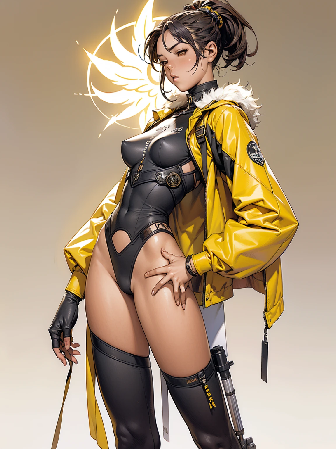 (((Yellow skin))), (((back view))), (((phoenix tattoo on back))), (((Yellow suit))), (((perfect ass))), (((best qualityer: 1.4))), (((Afro))), (((DuneWalker))), (((post-apocalypse))), (Unbeatable masterpiece), (hiper HD),(CG 8k hyper-realistic), (((breasts big))), (((hyper feminine))), sensuous girl, (bob hair with straight bangs), ((( sculptural body ))), (((1 girl))), 20 year anime girl with perfect body, Beautiful and well-groomed face, slanted eyes, muscular body:1.2, costume with textured details in pixel art, (Head to thigh photos),modern samurai pants, Complex equipment,Tight, dark clothes,With white stars and white stripes, Metal parts in armor, afro girl, (((standing alone))), pirralha violent, ((())), sensuous, pose de atitude, work of art, post-apocalypse, (((manga style))), Bounty Hunter, violent, Manic, the way you want, slenderbody, thin but strong, perfectbody, roupa moderna, Advanced technology, short shorts with checkered pattern in red and black, fur collar jacket, sleeves with vertical striped pattern, neutral background