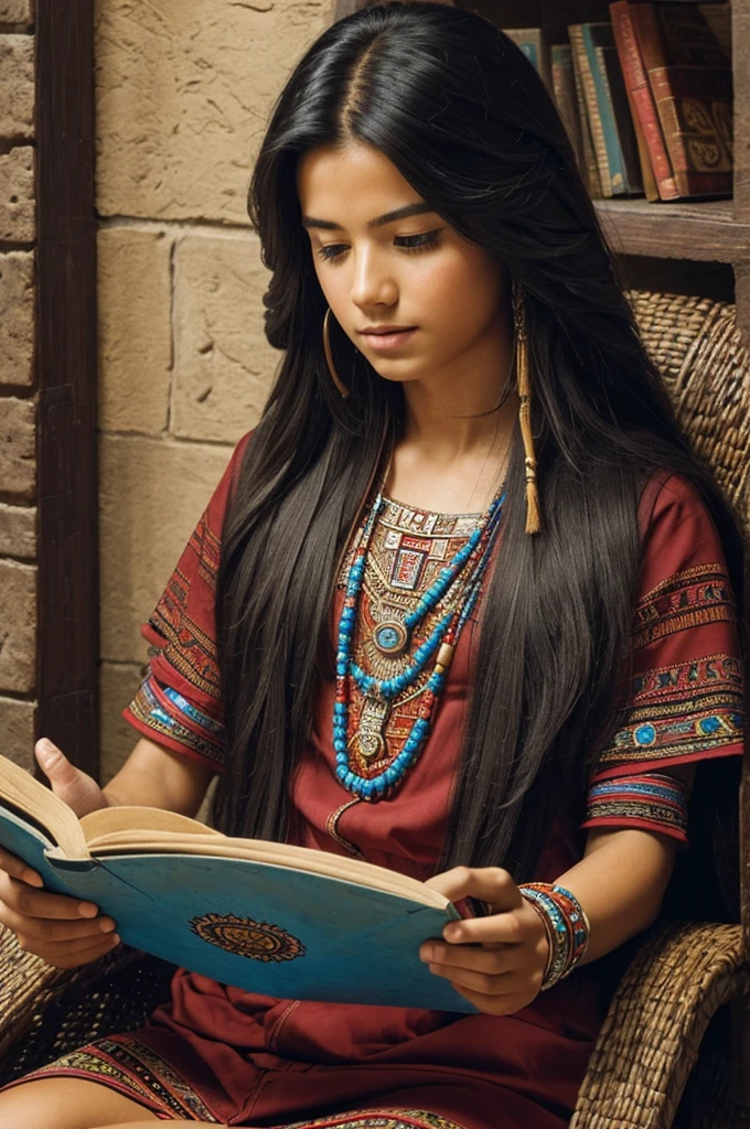 ((Best Quality)), ((Masterpiece)), (detailed), 1 young long hair rocker reading in Aztec times.