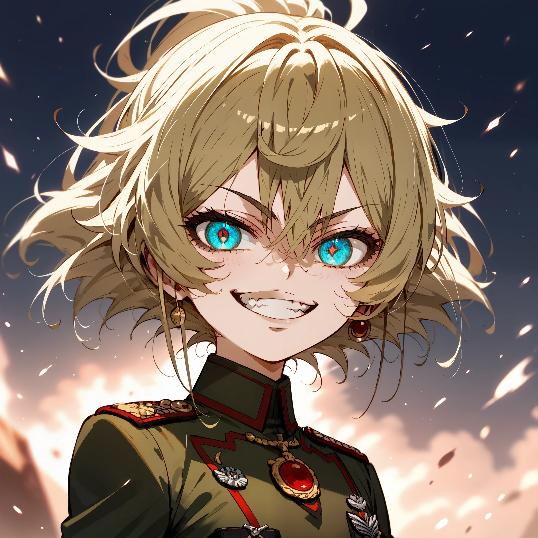 score_9, score_8_up, score_7_up, score_6_up, score_5_up, score_4_up, 1 girl, TanyaDegurechaff, no expression, evil smile, grin, beautiful sparkling blue eyes, military uniform, fierce battlefield