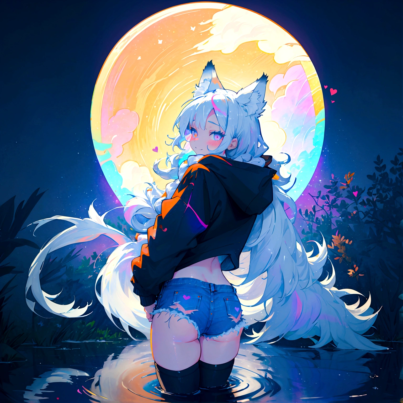 a cute adult male with wolf ears, long white hair, long locks, has a wolf tail, wearing a loose cropped black hoodie, wearing a pair of denim short shorts and fishnet stockings, thick thighs, wide hips, relaxing on mound of fluffy multi colored kawaii plushies, short, very slim, showing slender tummy, heart on hoodie, squishy thighs, has glowing blue eyes. alone, solo (ALONE)(SOLO), surrounded by rainbows, colorful galaxy backround, smiling, stretching out, water reflection, shot from behind, had a nice butt, wedgie