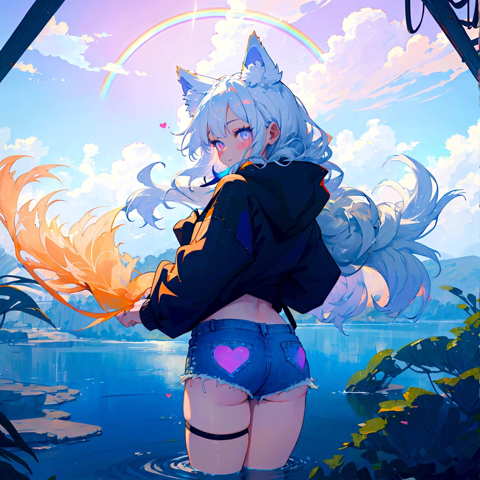 a cute adult male with wolf ears, long white hair, long locks, has a wolf tail, wearing a loose cropped black hoodie, wearing a pair of denim short shorts and fishnet stockings, thick thighs, wide hips, relaxing on mound of fluffy multi colored kawaii plushies, short, very slim, showing slender tummy, heart on hoodie, squishy thighs, has glowing blue eyes. alone, solo (ALONE)(SOLO), surrounded by rainbows, colorful galaxy backround, smiling, stretching out, water reflection, shot from behind, had a nice butt, wedgie