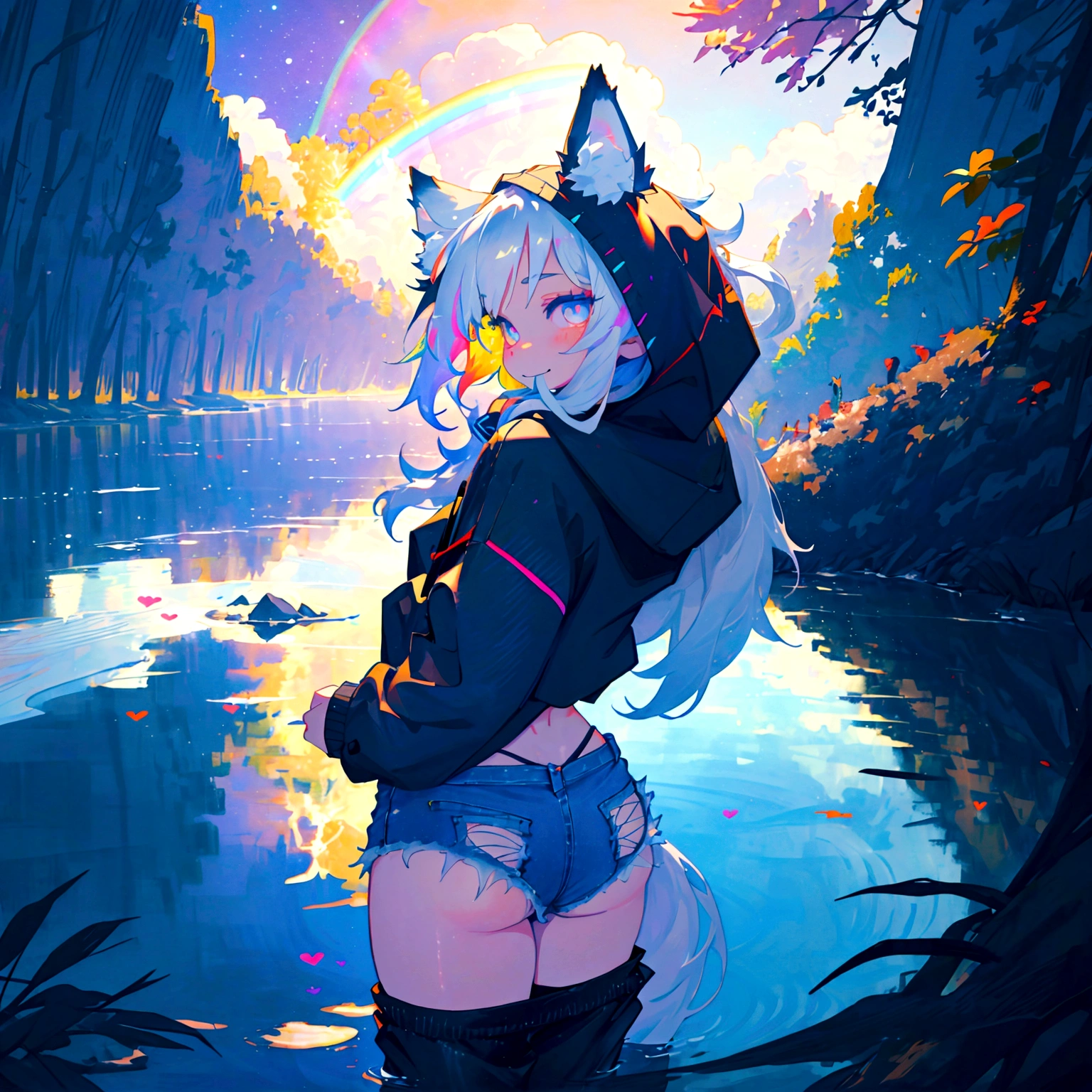a cute adult male with wolf ears, long white hair, long locks, has a wolf tail, wearing a loose cropped black hoodie, wearing a pair of denim short shorts and fishnet stockings, thick thighs, wide hips, relaxing on mound of fluffy multi colored kawaii plushies, short, very slim, showing slender tummy, heart on hoodie, squishy thighs, has glowing blue eyes. alone, solo (ALONE)(SOLO), surrounded by rainbows, colorful galaxy backround, smiling, stretching out, water reflection, shot from behind, had a nice butt, wedgie