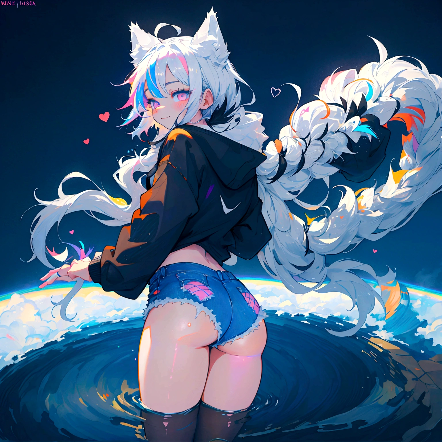 a cute adult male with wolf ears, long white hair, long locks, has a wolf tail, wearing a loose cropped black hoodie, wearing a pair of denim short shorts and fishnet stockings, thick thighs, wide hips, relaxing on mound of fluffy multi colored kawaii plushies, short, very slim, showing slender tummy, heart on hoodie, squishy thighs, has glowing blue eyes. alone, solo (ALONE)(SOLO), surrounded by rainbows, colorful galaxy backround, smiling, stretching out, water reflection, shot from behind, had a nice butt, wedgie