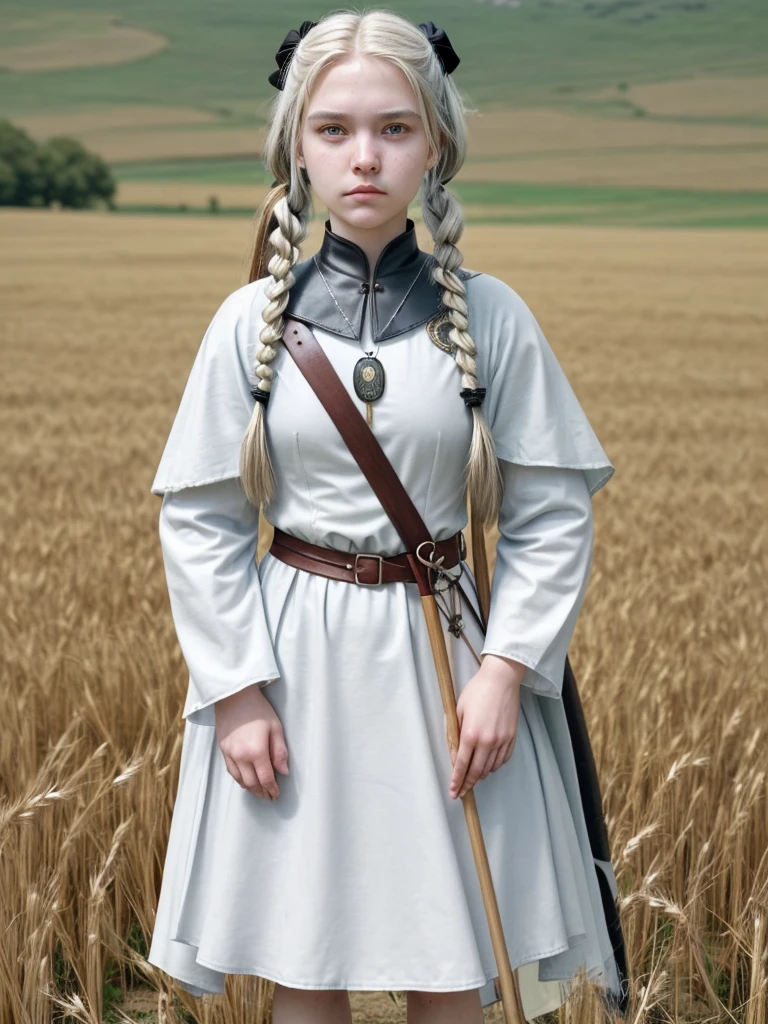 A -yeld giwith long, flowing white hair tied in pigtails, and striking white eyes. She is dressed in traditional medieval archer attire, including a leather tunic and a green cloak. She wears arm guards and carries a quiver full of arrows on her back. Her outfit is complemented by a necklace with a yin-yang pendant. She is standing in a field of tall, golden wheat.