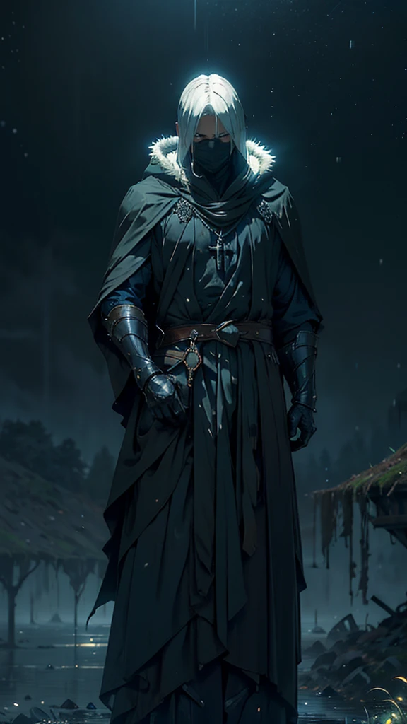 (Best Quality,ultra detailed), artificial raindrops falling, a man standing in the rain, white hair, blue eyes, detailed face(fail),dense ruinscape landscape,majestic and serene nature, shining brightly in the night sky,black medieval outfit, gentle style