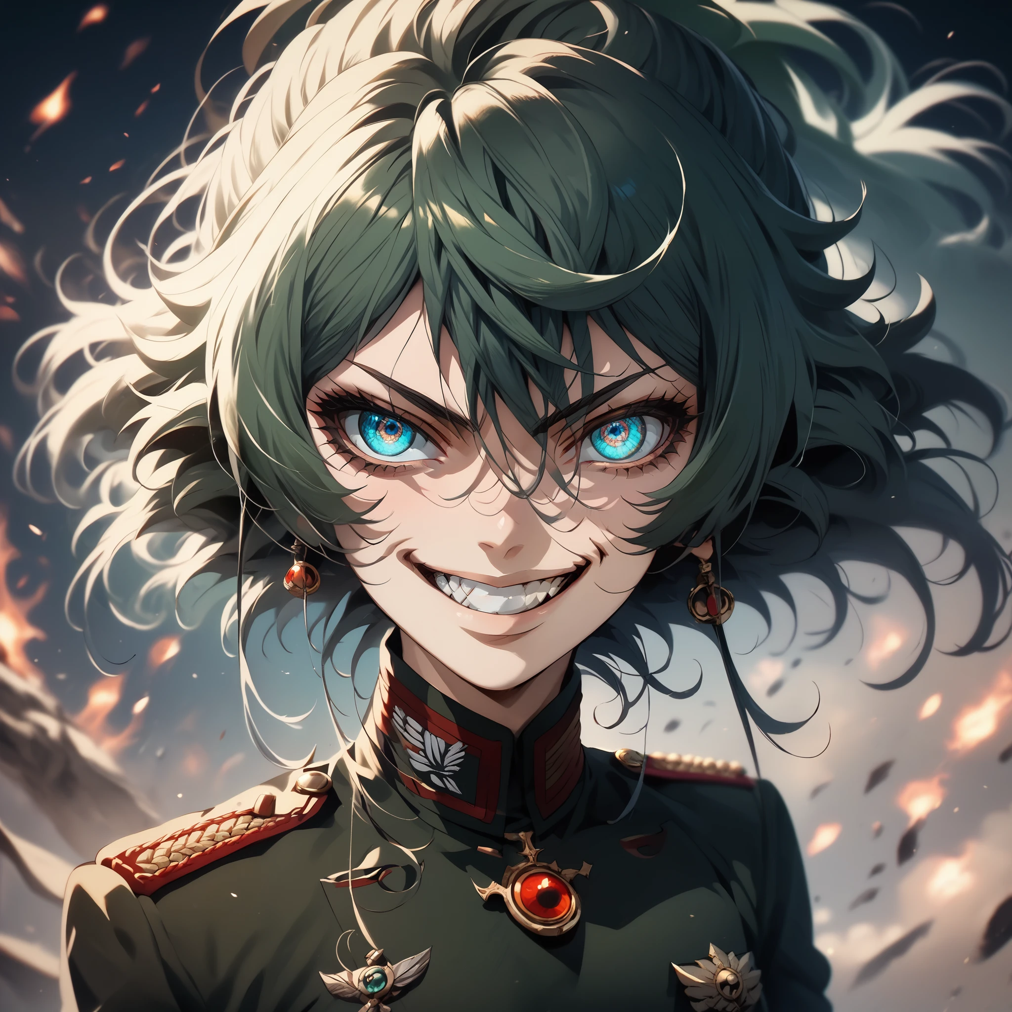 score_9, score_8_up, score_7_up, score_6_up, score_5_up, score_4_up, 1 girl, TanyaDegurechaff, no expression, evil smile, grin, beautiful sparkling blue eyes, military uniform, fierce battlefield