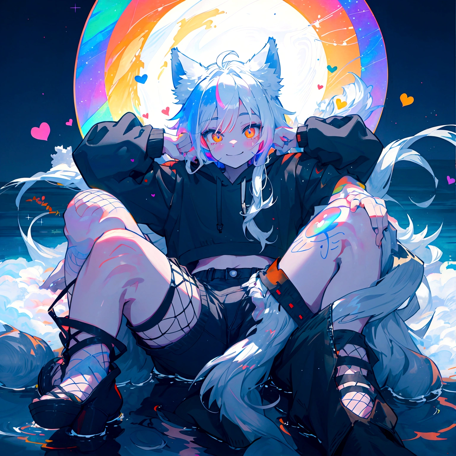 a cute adult male with wolf ears, long white hair, long locks, has a wolf tail, wearing a loose cropped black hoodie, wearing a pair of denim short shorts and fishnet stockings, thick thighs, wide hips, relaxing on mound of fluffy multi colored kawaii plushies, short, very slim, showing slender tummy, heart on hoodie, squishy thighs, has glowing blue eyes. alone, solo (ALONE)(SOLO), surrounded by rainbows, colorful galaxy backround, smiling, stretching out, water reflection