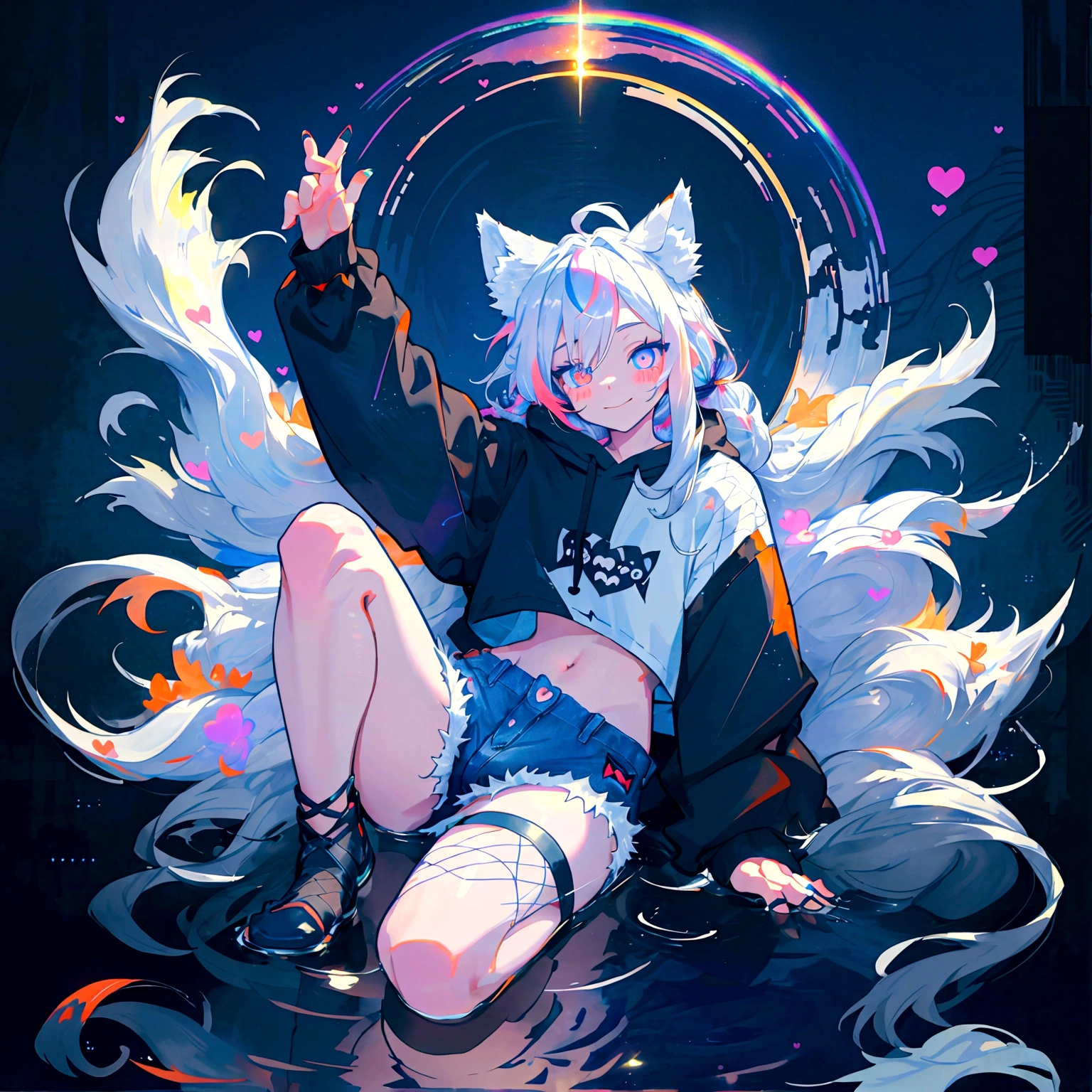 a cute adult male with wolf ears, long white hair, long locks, has a wolf tail, wearing a loose cropped black hoodie, wearing a pair of denim short shorts and fishnet stockings, thick thighs, wide hips, relaxing on mound of fluffy multi colored kawaii plushies, short, very slim, showing slender tummy, heart on hoodie, squishy thighs, has glowing blue eyes. alone, solo (ALONE)(SOLO), surrounded by rainbows, colorful galaxy backround, smiling, stretching out, water reflection